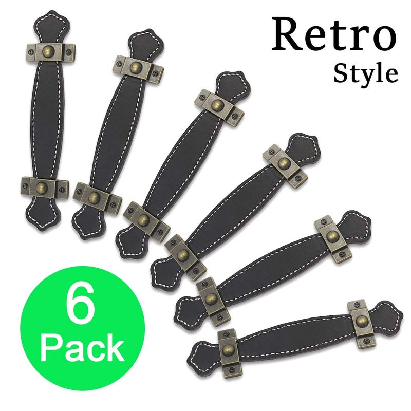 Seimneire 6pcs Surface Leather Furniture Handle, 6.3" Retro Style Leather Handle Pull Handle for Drawer/Cabinet/PU Suitcase - Black - Image 2